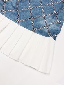 GlowEve CURVE 大尺碼女款無袖圓領A字迷你洋裝，仿丹寧效果拼接百褶設計，1920s 90s 80s 70's 秋季派對婚禮金藍配色 - 彩色 - 查看 5