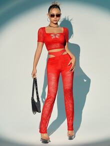 SHEIN X KeniaOs SHEIN ICON 镂空腰部水钻装饰紧身裤 - 橘色 - 查看 3