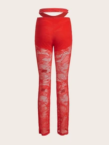 SHEIN X KeniaOs SHEIN ICON 镂空腰部水钻装饰紧身裤 - 橘色 - 查看 2