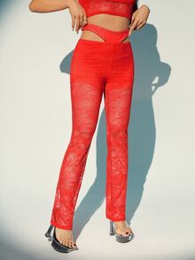 SHEIN X KeniaOs SHEIN ICON 镂空腰部水钻装饰紧身裤 - 橘色 - 查看 4