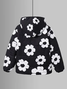 SHEIN 兒童青少年男孩保暖內裡加厚黑色夾克，秋冬款，絎縫外套，冬季外套，派克大衣，填充外套，填充外套，絎縫外套 - 黑與白 - 查看 3