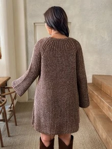 Lounesse Plus Size Women Solid Color Casual Baggy Everyday Formal Vacation Knit Dress Brown Autumn Winter - Khaki - View 3