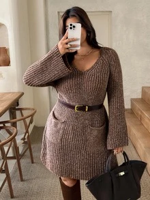 Lounesse Plus Size Women Solid Color Casual Baggy Everyday Formal Vacation Knit Dress Brown Autumn Winter - Khaki - View 8