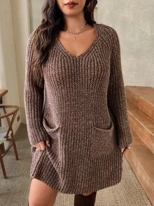 Lounesse Plus Size Women Solid Color Casual Baggy Everyday Formal Vacation Knit Dress Brown Autumn Winter - Khaki - View 6