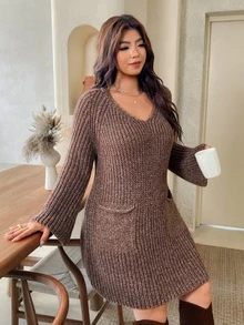 Lounesse Plus Size Women Solid Color Casual Baggy Everyday Formal Vacation Knit Dress Brown Autumn Winter - Khaki - View 7