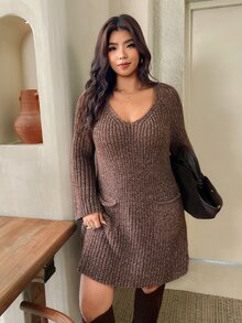 Lounesse Plus Size Women Solid Color Casual Baggy Everyday Formal Vacation Knit Dress Brown Autumn Winter - Khaki - View 4