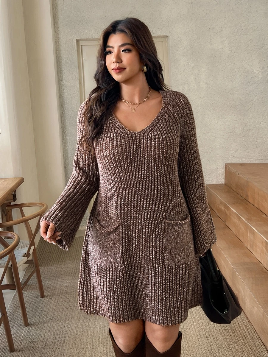 Lounesse Plus Size Women Solid Color Casual Baggy Everyday Formal Vacation Knit Dress Brown Autumn Winter