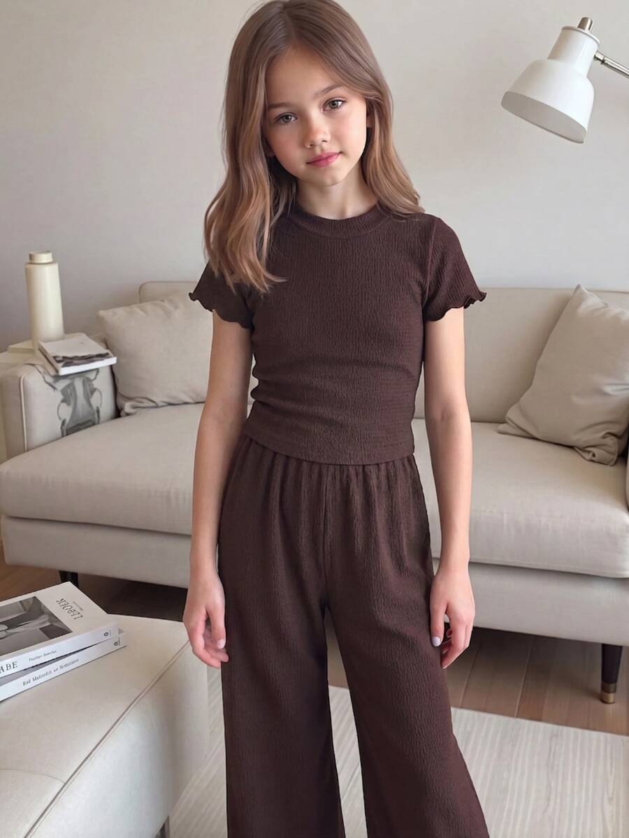 SHEIN Young Girls Summer Coffee Solid Textured Knit Side Ruched Mock Neck Snug Fit Top And Wide Leg Pant 2 Pieces Set,Cute Elegant Matching Family Vacation - Brown - View 1