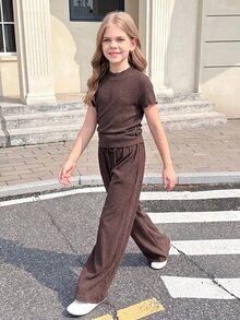 SHEIN Young Girls Summer Coffee Solid Textured Knit Side Ruched Mock Neck Snug Fit Top And Wide Leg Pant 2 Pieces Set,Cute Elegant Matching Family Vacation - Brown - View 4
