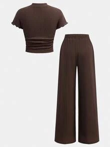 SHEIN Young Girls Summer Coffee Solid Textured Knit Side Ruched Mock Neck Snug Fit Top And Wide Leg Pant 2 Pieces Set,Cute Elegant Matching Family Vacation - Brown - View 3