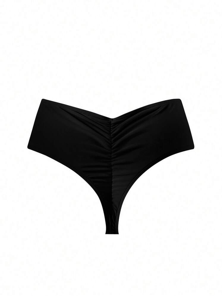 Swim Basics Summer Beach Women's Ruched V-Shaped Bikini Bottom - Black - View 4