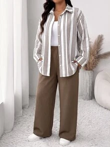 SHEIN Frenchy 大尺碼女款休閒商務休閒風極簡基礎條紋兩件套，寬鬆版型，適合日常外出、辦公工作，秋季穿搭，棕色、黑色 - 彩色 - 查看 6