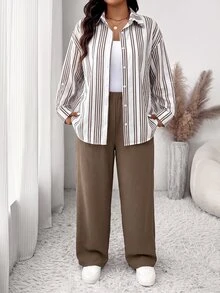 SHEIN Frenchy 大尺碼女款休閒商務休閒風極簡基礎條紋兩件套，寬鬆版型，適合日常外出、辦公工作，秋季穿搭，棕色、黑色 - 彩色 - 查看 5