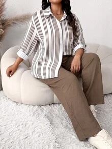 SHEIN Frenchy 大尺碼女款休閒商務休閒風極簡基礎條紋兩件套，寬鬆版型，適合日常外出、辦公工作，秋季穿搭，棕色、黑色 - 彩色 - 查看 2