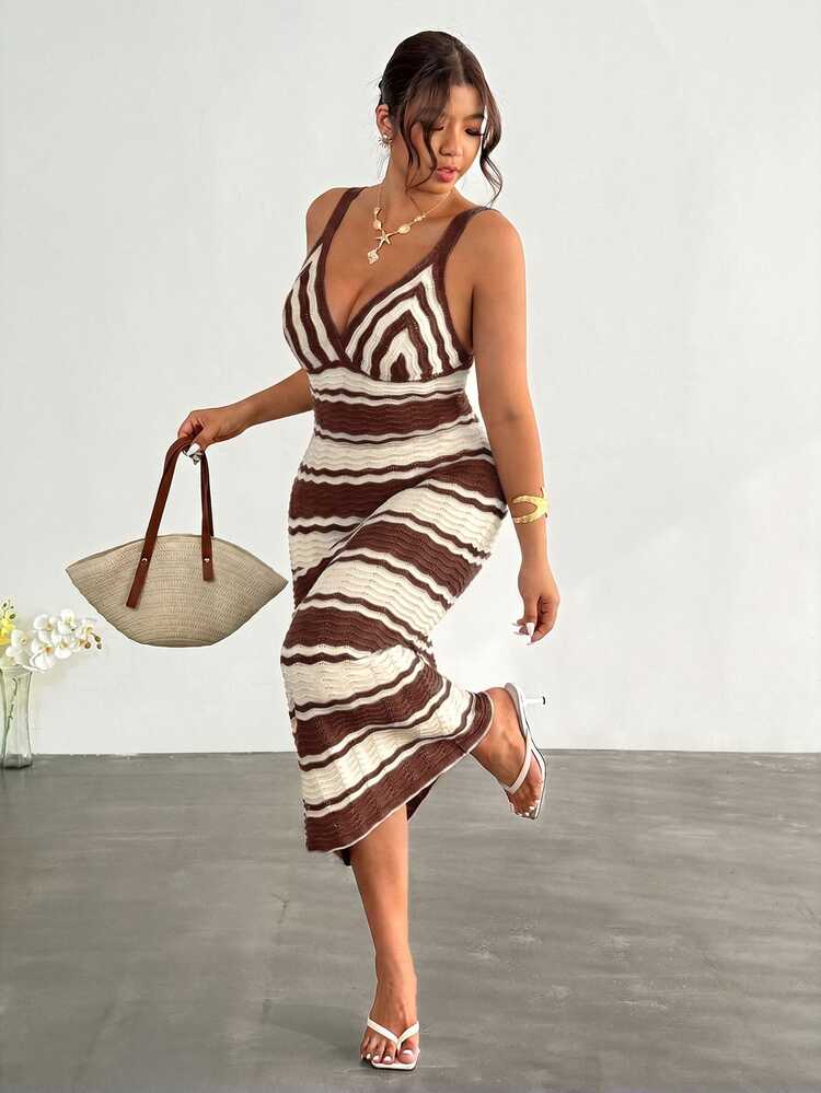 Firerie Plus Size Women Vacation Brown Bodycon Sexy Spaghetti Strap Knit Dress Autumn Beach Vacation Wedding Guest Vacation - Coffee Brown - View 4