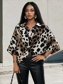 SHEIN Women's Autumn Black And Beige Leopard Print Loose Blouse, Drop Shoulder Wide Sleeve Drape Shirt, Vacation Wear For Daily Night Out Sexy Casual Date - Black - View 1