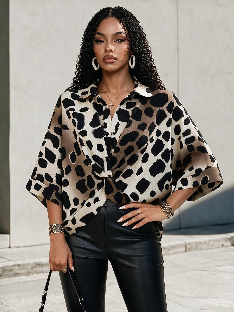 SHEIN Women's Autumn Black And Beige Leopard Print Loose Blouse, Drop Shoulder Wide Sleeve Drape Shirt, Vacation Wear For Daily Night Out Sexy Casual Date - Black - View 1