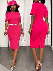 SHEIN Vestido elegante y minimalista de moda para la iglesia, vestido ajustado de manga corta y cuello redondo de color rosa brillante de longitud media para mujeres - Rosa Fucsia - Ver 3