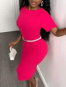 SHEIN Vestido elegante y minimalista de moda para la iglesia, vestido ajustado de manga corta y cuello redondo de color rosa brillante de longitud media para mujeres - Rosa Fucsia - Ver 7