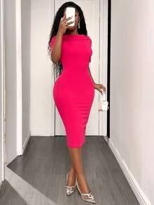 SHEIN Vestido elegante y minimalista de moda para la iglesia, vestido ajustado de manga corta y cuello redondo de color rosa brillante de longitud media para mujeres - Rosa Fucsia - Ver 6