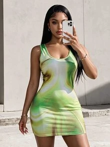 Eryvara V-Neck Cinched Waist Sleeveless Printed Bodycon Midi Dress For Women - Green - View 1