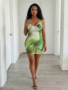 Eryvara V-Neck Cinched Waist Sleeveless Printed Bodycon Midi Dress For Women - Green - View 6
