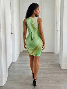 Eryvara V-Neck Cinched Waist Sleeveless Printed Bodycon Midi Dress For Women - Green - View 3