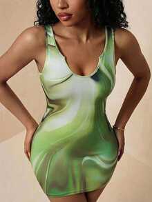 Eryvara V-Neck Cinched Waist Sleeveless Printed Bodycon Midi Dress For Women - Green - View 5