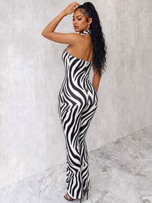 SHEIN Regular Women's Fitted Jumpsuit, Sleeveless Halter Neck Women's Jumpsuit, Front Resin Buttons, Open Back Design, Pleated Design. Flared Leg, Zebra Print Pattern, Fashion, Sexy, Commute, Beach, Vacation Outfit. - Black and White - View 2