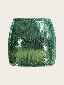 SHEIN ICON Women's Sequined Party Bodycon Mini Skirt - Dark Green - View 2