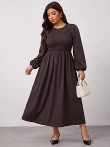 Enliva Plus-Size Women's Brown Simple Casual Long-Sleeved Dress, Suitable For Dates And Commuting - Brown - View 5