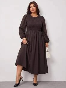 Enliva Plus-Size Women's Brown Simple Casual Long-Sleeved Dress, Suitable For Dates And Commuting - Brown - View 4
