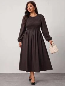 Enliva Plus-Size Women's Brown Simple Casual Long-Sleeved Dress, Suitable For Dates And Commuting - Brown - View 3