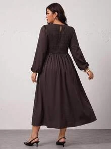 Enliva Plus-Size Women's Brown Simple Casual Long-Sleeved Dress, Suitable For Dates And Commuting - Brown - View 2