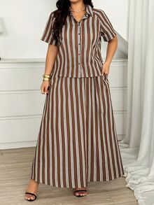 Vionelle Plus Size Women's Summer Elegant Casual Bohemian Vacation Shirt Collar Raglan Mid-Sleeve Blouse Pockets 2 Pieces Set Brunch Formal Office White - Multicolor - View 6