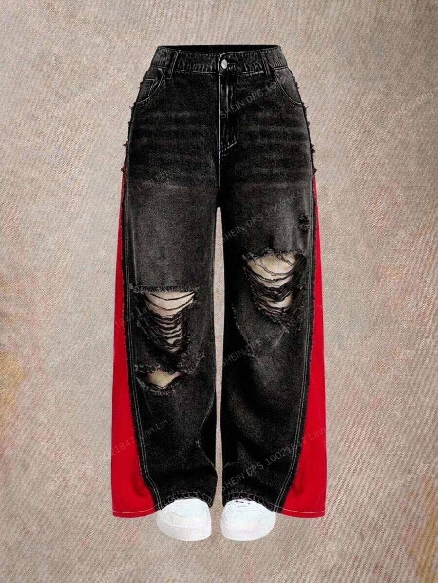 SHEIN ICON 大尺碼女款拼色口袋寬腿鬆垮休閒 90 年代傳統牛仔褲,黑色萬聖節夏季啤酒節穿搭聖誕早午餐 - 彩色 - 查看 1