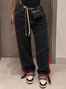 SHEIN ICON 大尺碼女款拼色口袋寬腿鬆垮休閒 90 年代傳統牛仔褲，黑色萬聖節夏季啤酒節穿搭聖誕早午餐 - 彩色 - 查看 3