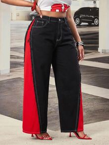 SHEIN ICON 大尺碼女款拼色口袋寬腿鬆垮休閒 90 年代傳統牛仔褲，黑色萬聖節夏季啤酒節穿搭聖誕早午餐 - 彩色 - 查看 8