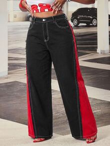 SHEIN ICON 大尺碼女款拼色口袋寬腿鬆垮休閒 90 年代傳統牛仔褲，黑色萬聖節夏季啤酒節穿搭聖誕早午餐 - 彩色 - 查看 5