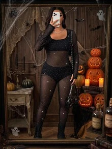 SHEIN EZwear 大尺碼女款方領長袖水鑽網紗性感連身褲 - 黑色 - 查看 6