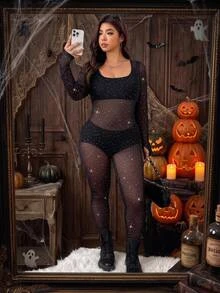 SHEIN EZwear 大尺碼女款方領長袖水鑽網紗性感連身褲 - 黑色 - 查看 7