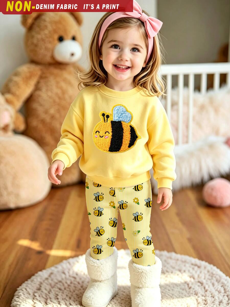 (1 Set) Autumn/Winter Baby Girl Fresh Cute Cartoon Bee & Flower Yellow Vertical Stripe Pattern Crew Neck Sweatshirt With Leggings - Multicolor - View 1