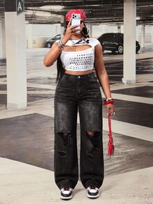 SHEIN MOD 大尺碼 Y2K 天空元素 80 年代牛仔褲 寬鬆版型 街頭風 性感黑色丹寧寬腿褲，演唱會穿搭 夏季約會之夜早午餐 - 黑色 - 查看 3