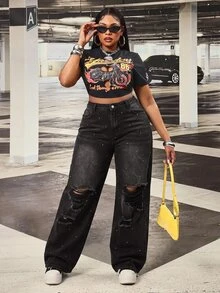 SHEIN MOD 大尺碼 Y2K 天空元素 80 年代牛仔褲 寬鬆版型 街頭風 性感黑色丹寧寬腿褲，演唱會穿搭 夏季約會之夜早午餐 - 黑色 - 查看 8