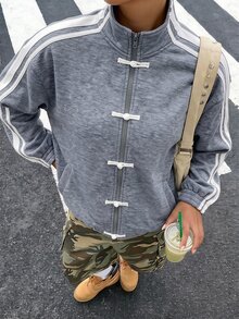 SHEIN Tween Girl Frog Button Design Side Stripe Casual Jacket - Grey - View 9