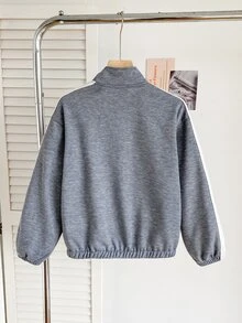 SHEIN Tween Girl Frog Button Design Side Stripe Casual Jacket - Grey - View 2