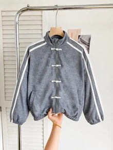 SHEIN Tween Girl Frog Button Design Side Stripe Casual Jacket - Grey - View 6