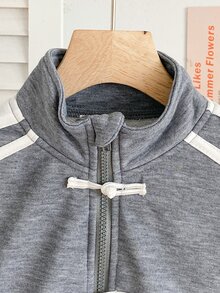 SHEIN Tween Girl Frog Button Design Side Stripe Casual Jacket - Grey - View 4