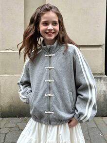 SHEIN Tween Girl Frog Button Design Side Stripe Casual Jacket - Grey - View 8