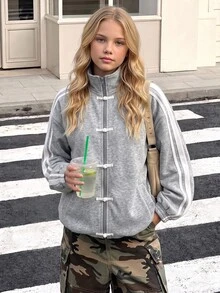SHEIN Tween Girl Frog Button Design Side Stripe Casual Jacket - Grey - View 3
